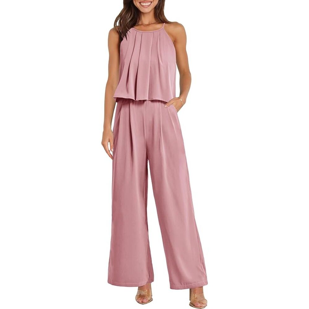 PrettyGarden Sleeveless Halter Neck Wide Leg Pants One Piece Outfit Sz M